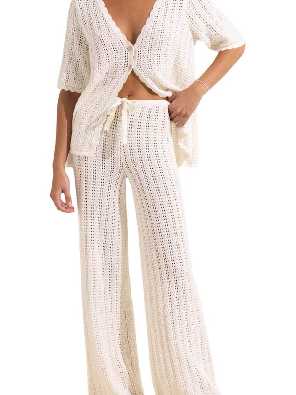 Crochet Wide-Leg Drawstring Two Piece Set - Cream